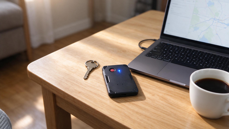 A laptop showing a tracking map beside a GPS tracker lying flat on a home table