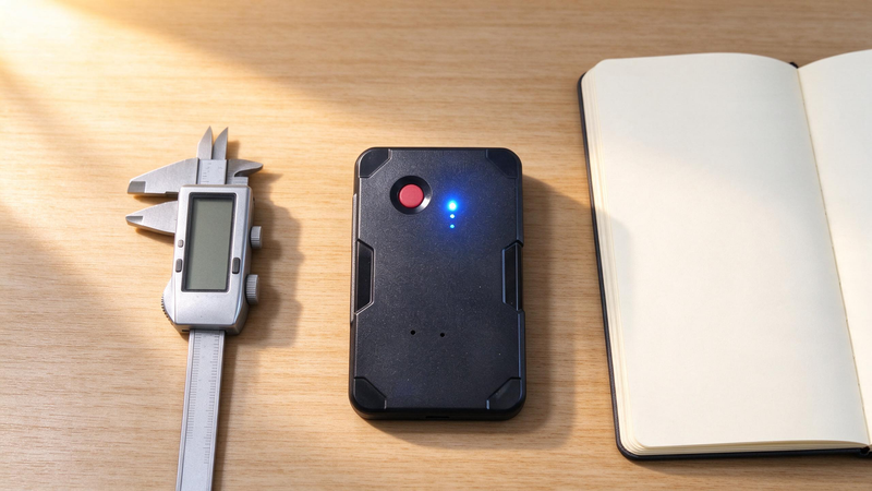 A GPS tracker lying flat on a workbench beside a digital caliper and an open notebook