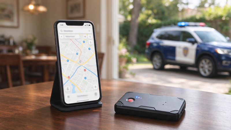 A smartphone showing a tracking map beside a black GPS tracker lying flat on a wooden table