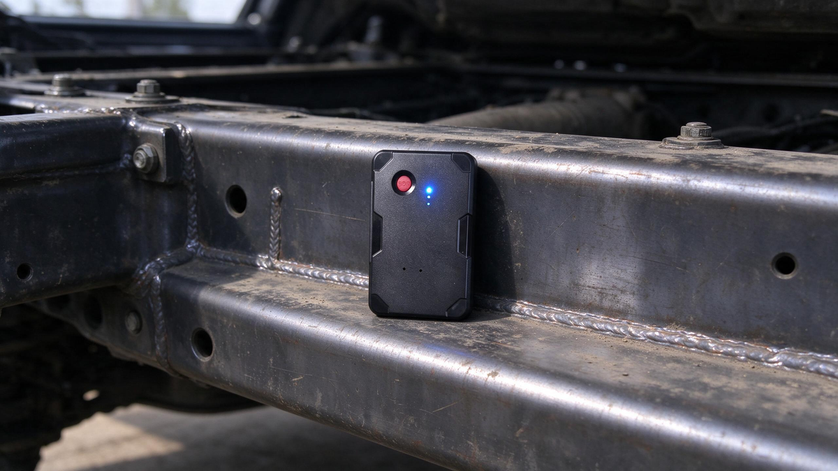 A GPS tracker with an SOS button resting against the steel chassis frame of a vehicle