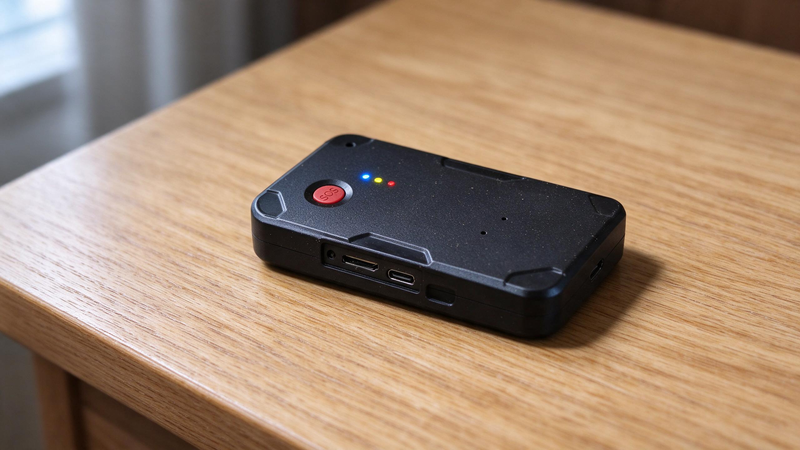A black GPS tracker with an SOS button and three indicator lights lying flat on a wooden table