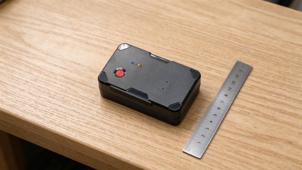 A black GPS tracker with an SOS button and indicator lights beside a steel ruler on an oak table
