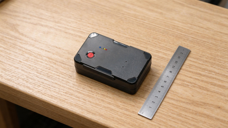 A black GPS tracker with an SOS button and indicator lights beside a steel ruler on an oak table