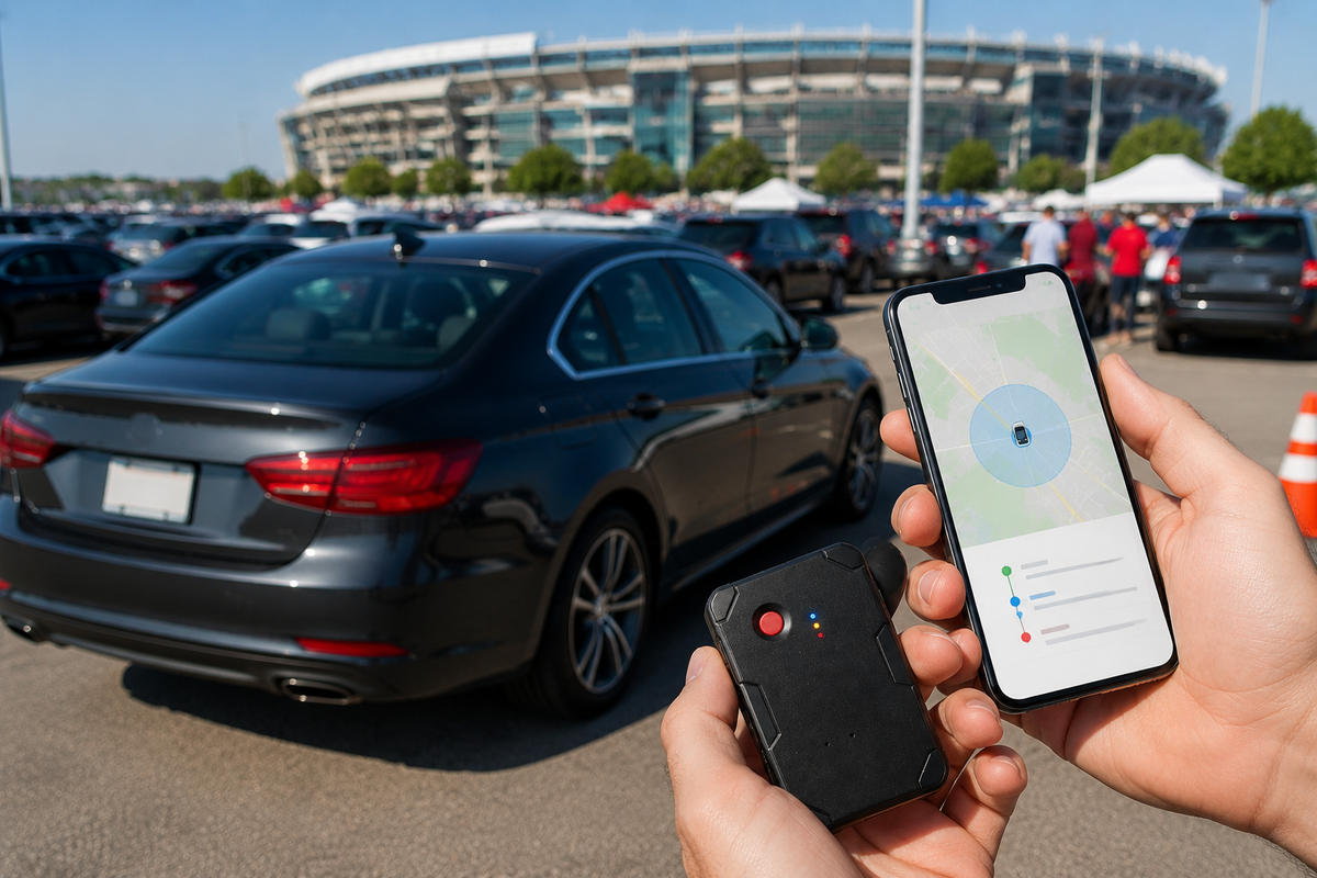 stadium parking car security checklist with GPS tracker and smartphone map