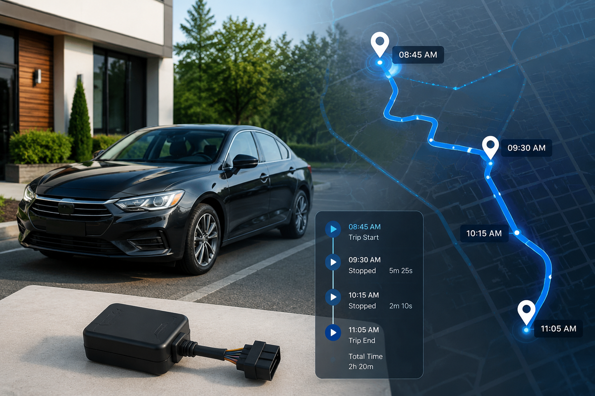 GPS tracker with trip history showing vehicle route playback and location timeline