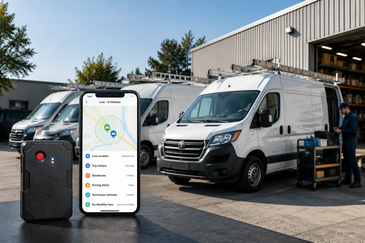 GPS tracker for service vans with technician vehicles and smartphone map dashboard