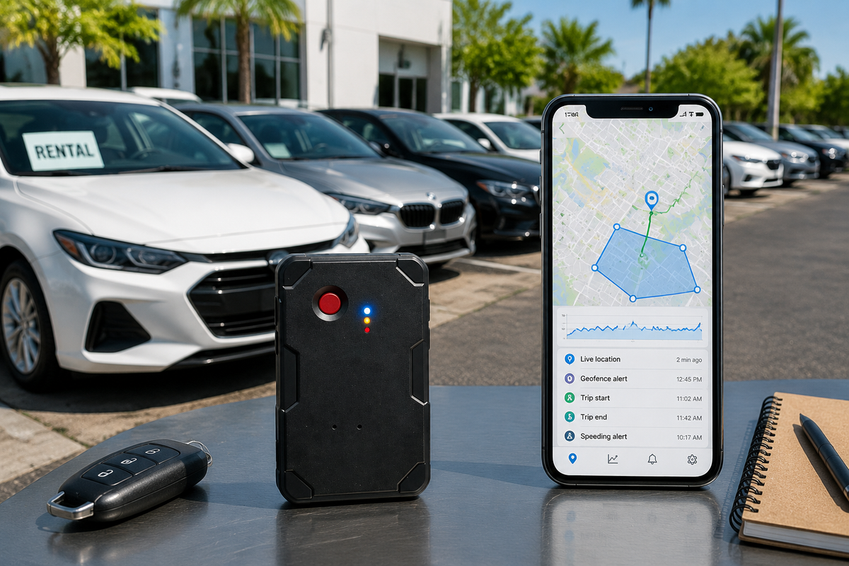 rental car GPS tracker with smartphone map and small fleet parking lot