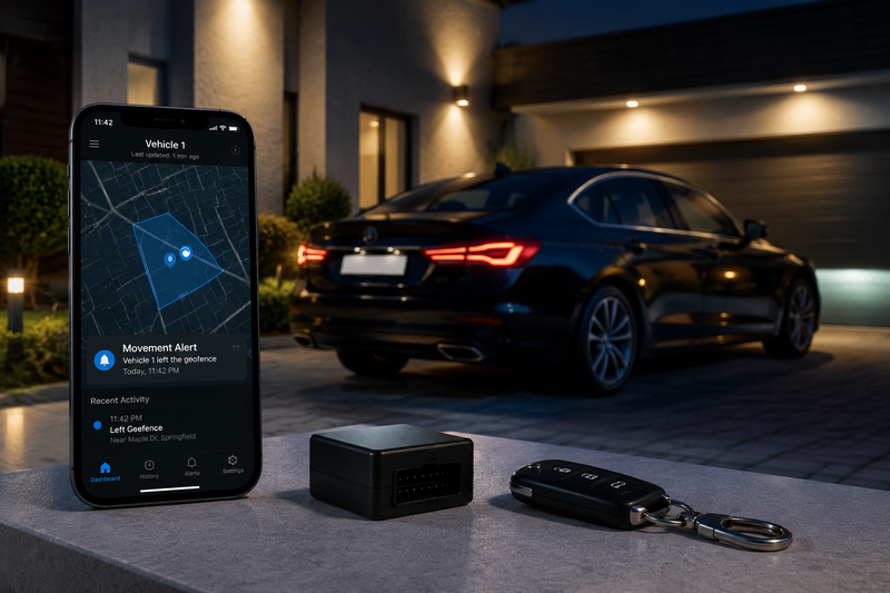 GPS tracker for car theft recovery showing vehicle location alerts and parking security