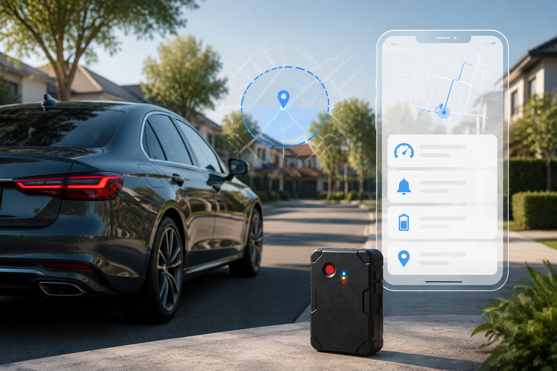 GPS tracker with driving alerts showing vehicle notifications and route monitoring