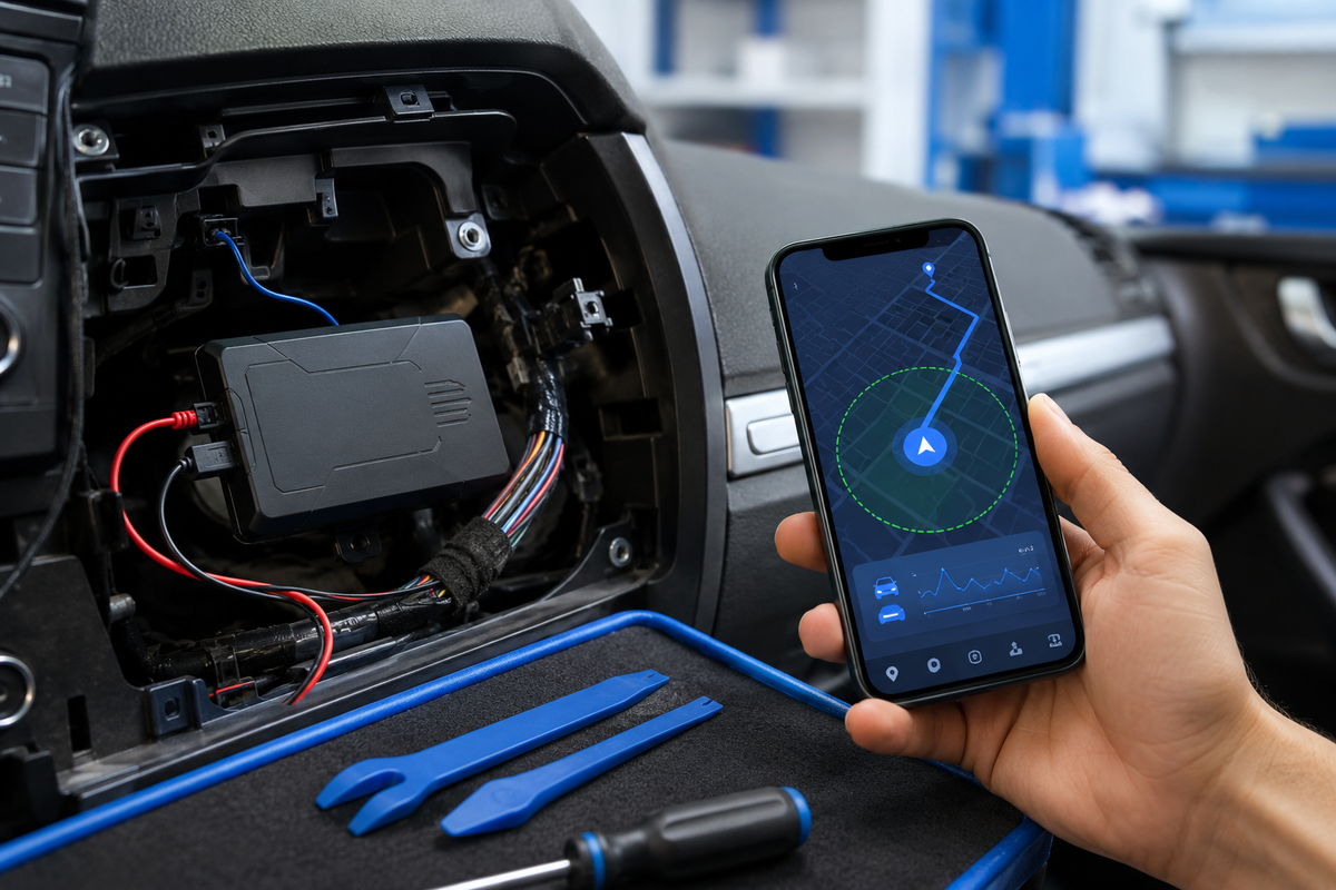 Hardwired GPS tracker installation showing a two-wire vehicle power setup, dashboard wiring, and real-time tracking app