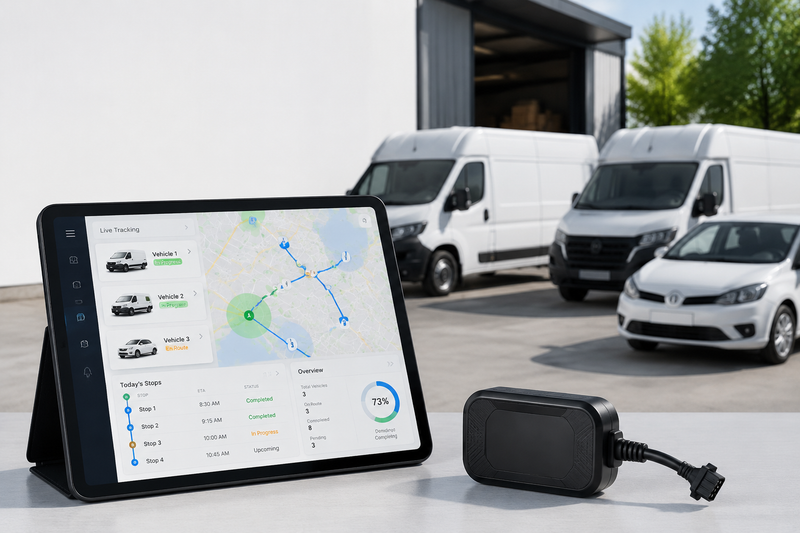 GPS tracker for delivery vehicles showing route tracking dashboard and delivery vans