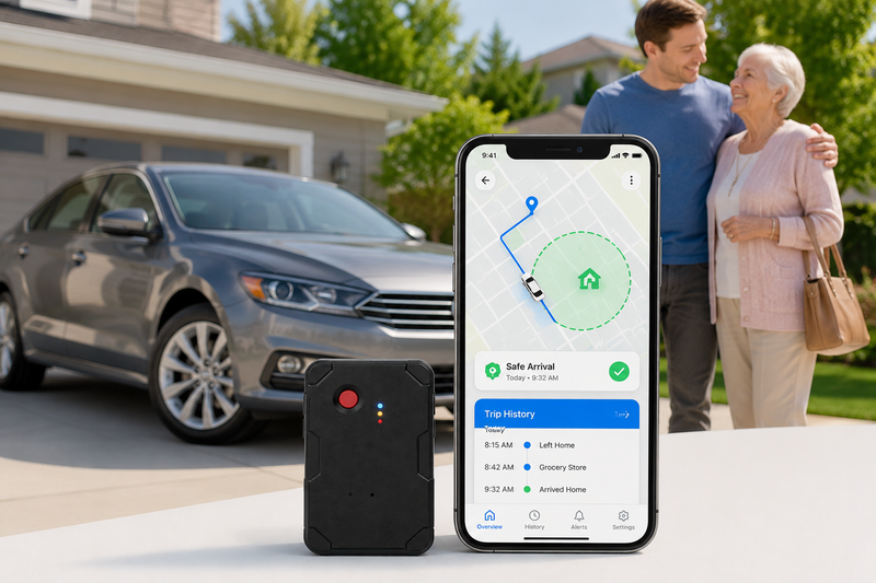 GPS tracker for elderly drivers showing a family car, safety alerts, geofencing, and trip history