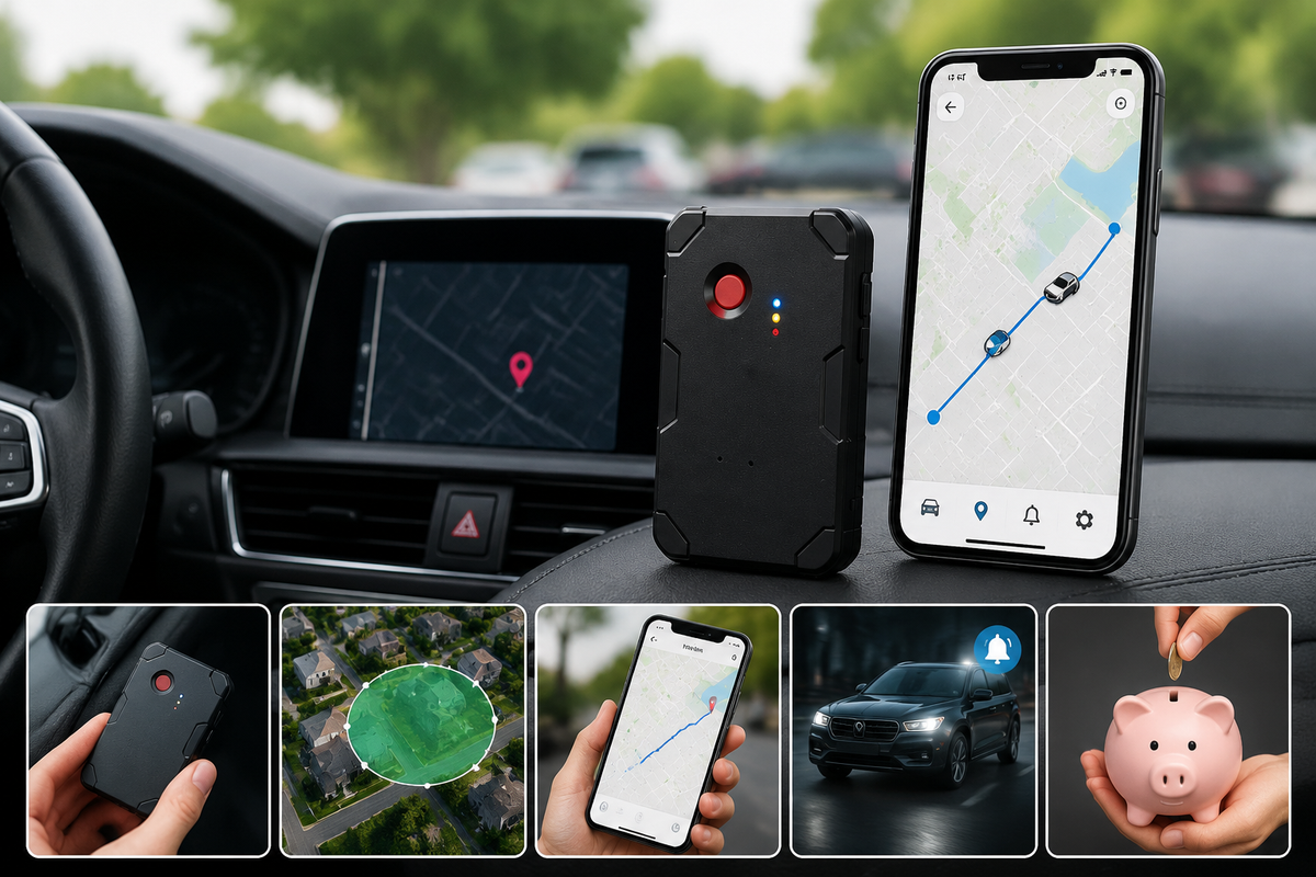 car GPS tracker setup with smartphone map and vehicle dashboard