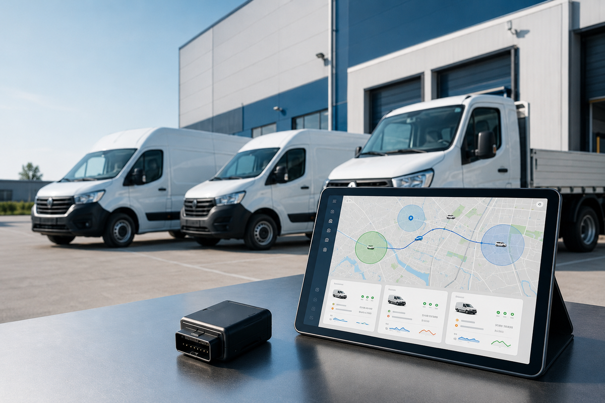 GPS tracker for small business vehicles showing service vans and route tracking dashboard