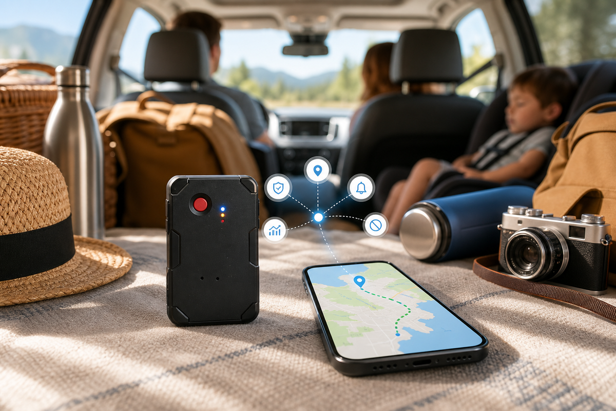 family road trip GPS tracker with smartphone map and car