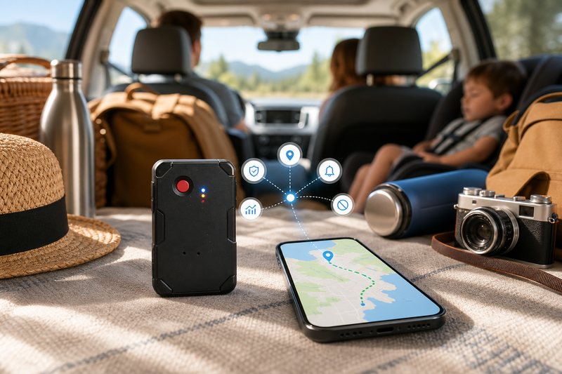 family road trip GPS tracker with smartphone map and car