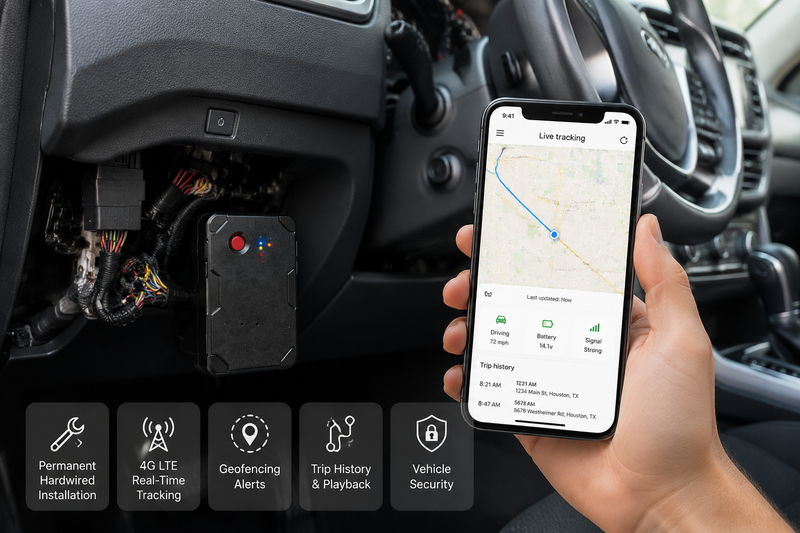 hardwired GPS tracker with no monthly fee installed in a vehicle with smartphone map