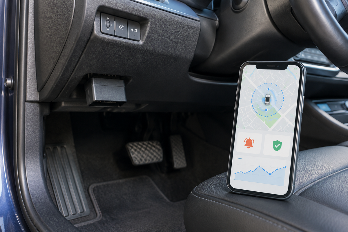 OBD GPS tracker installation showing a plug-in tracker connected under a car dashboard with tracking app alerts
