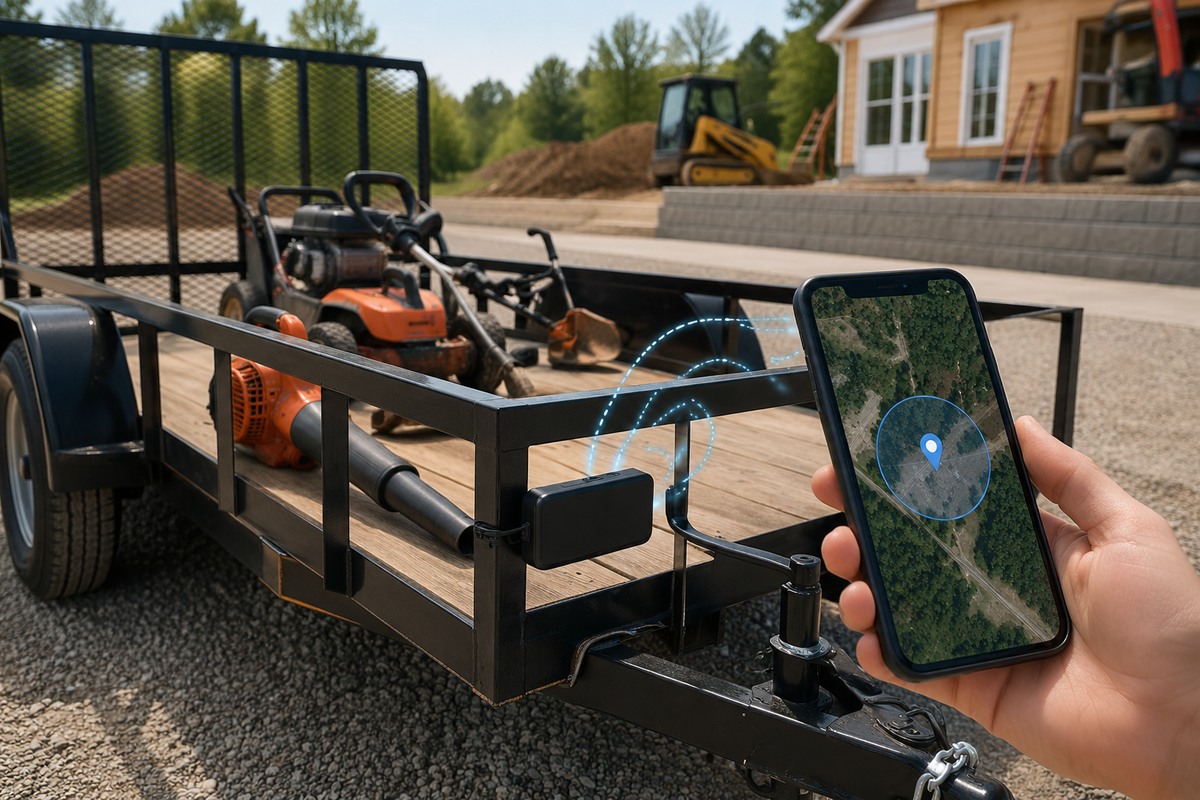 GPS tracker for trailers and equipment showing a utility trailer, work tools, hidden tracker, and tracking app geofence
