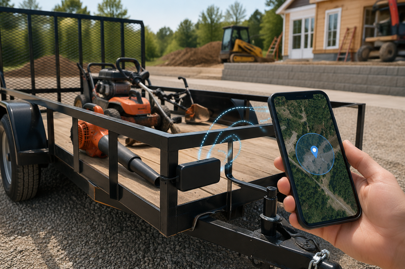 GPS tracker for trailers and equipment showing a utility trailer, work tools, hidden tracker, and tracking app geofence
