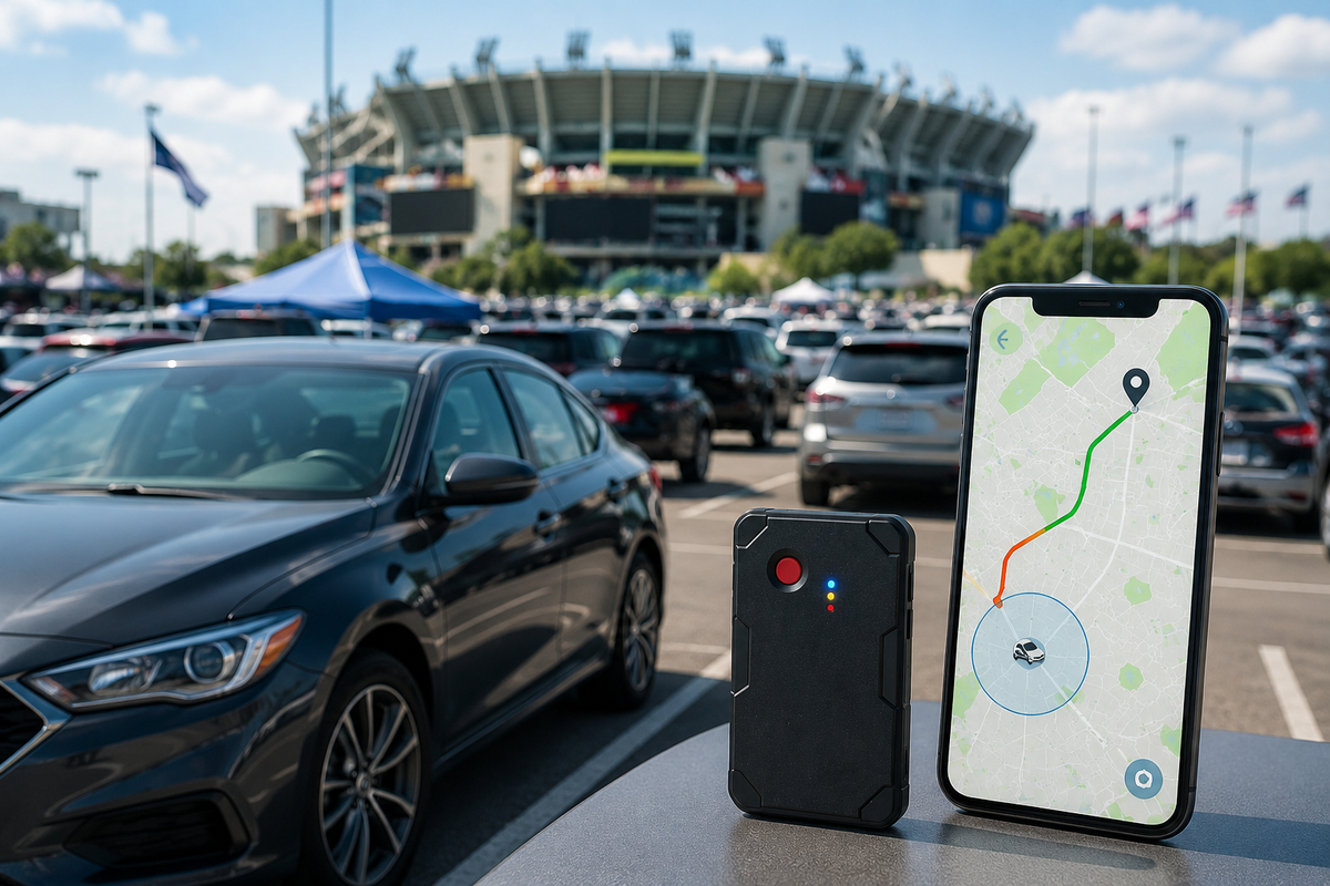 GPS tracker for road trips and stadium parking vehicle security