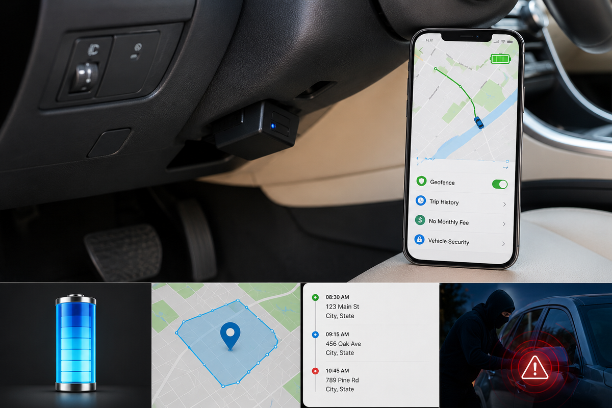 OBD GPS tracker plugged into car diagnostic port with smartphone map, battery status, geofence alerts, and no monthly fee vehicle tracking