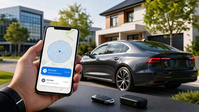Geofencing GPS tracker for vehicles showing entry and exit alerts on a tracking app