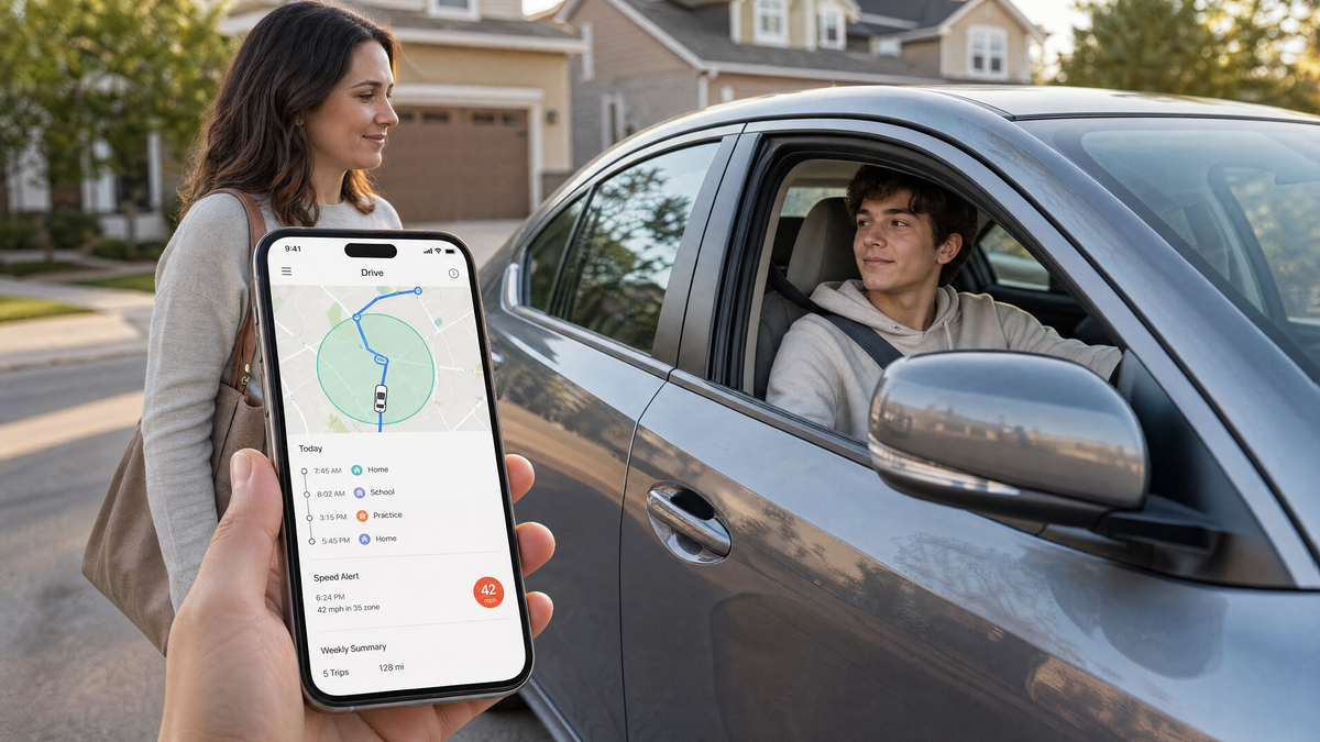 Parent using GPS tracker app for teen driver safety with geofencing and speed alerts
